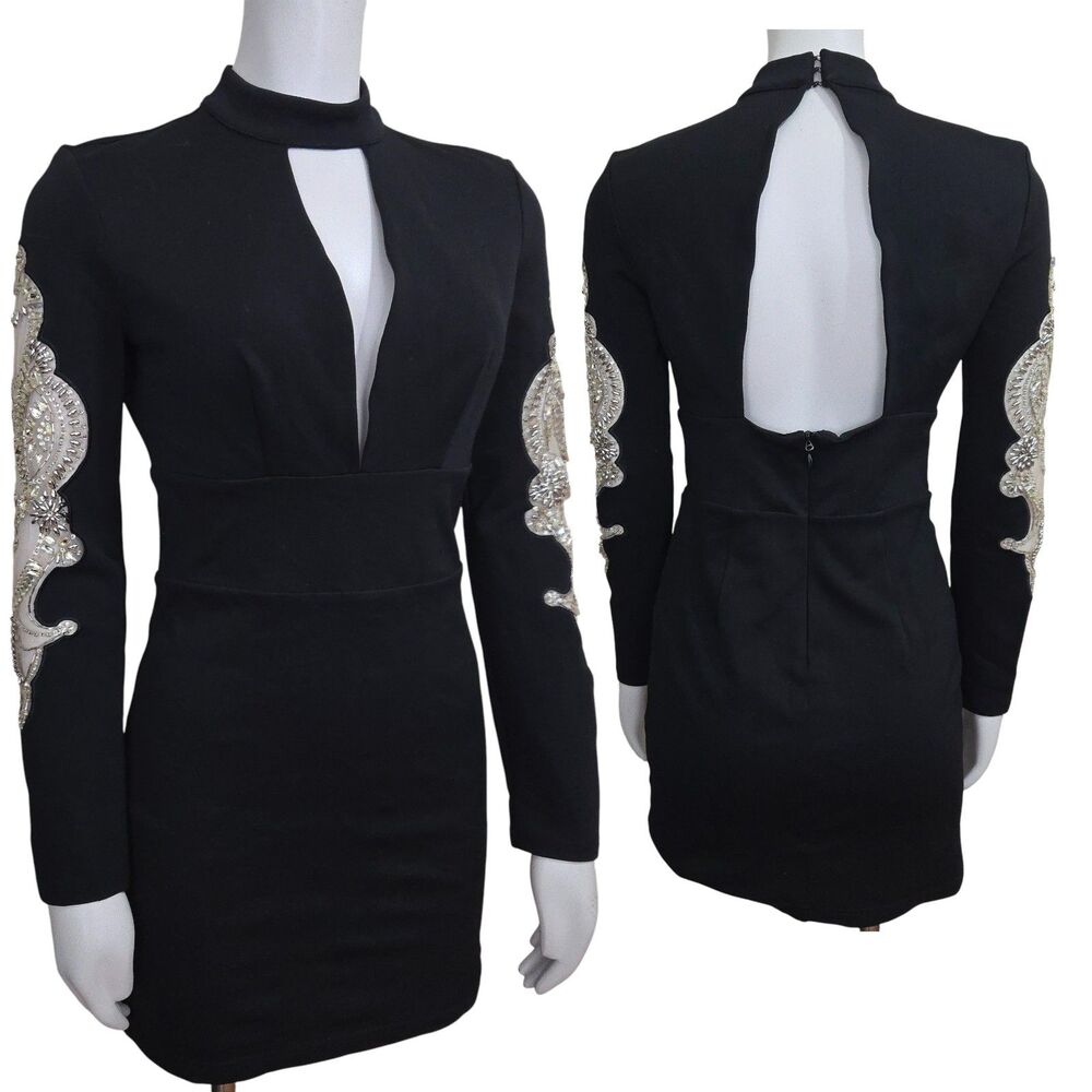 Bebe Vtg Y2K Black Mini Dress S Plunge‎ Neck Sheer Sleeve Rhinestones Open Back